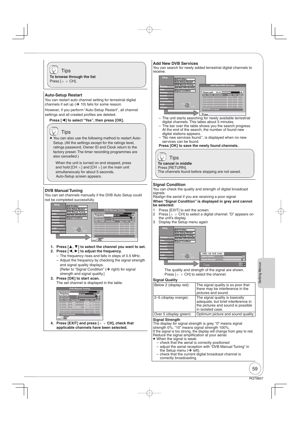 Tips, Auto-setup restart, Dvb manual tuning | Add new dvb services, Signal condition | Panasonic DMR-EZ47VEB User Manual | Page 59 / 96