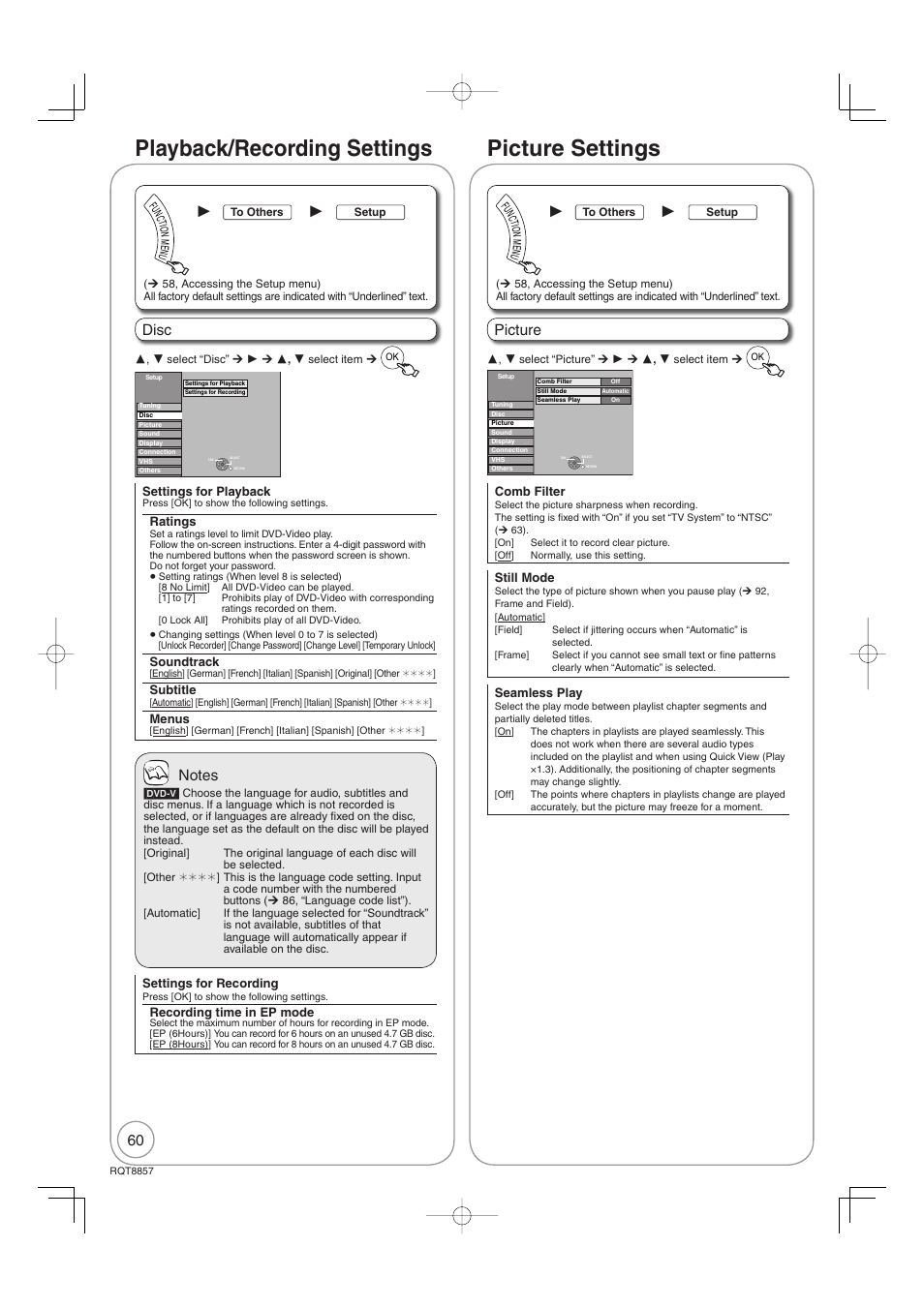 Playback/recording settings picture settings, Disc, Picture | Panasonic DMR-EZ47VEB User Manual | Page 60 / 96