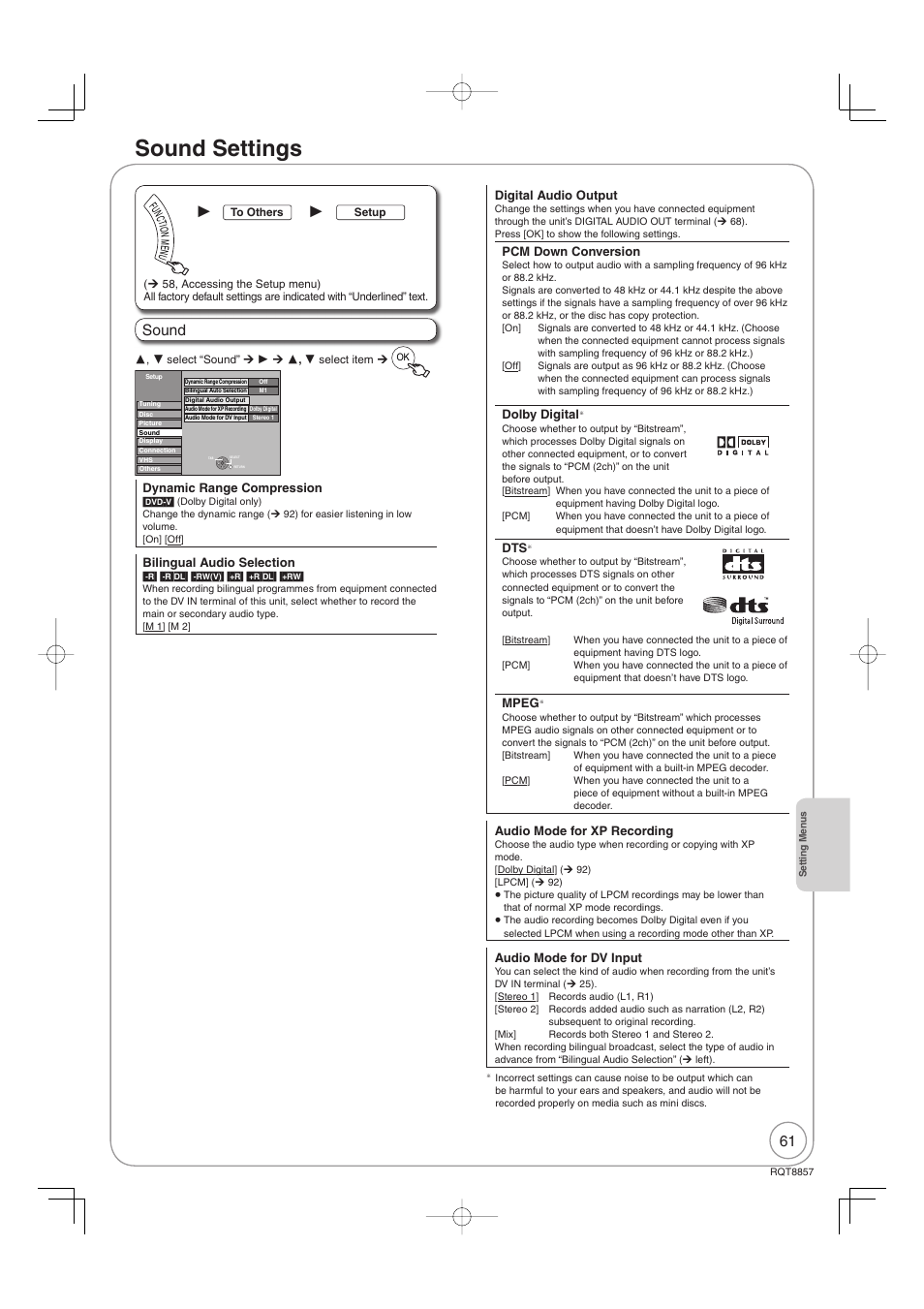 Sound settings, Sound | Panasonic DMR-EZ47VEB User Manual | Page 61 / 96
