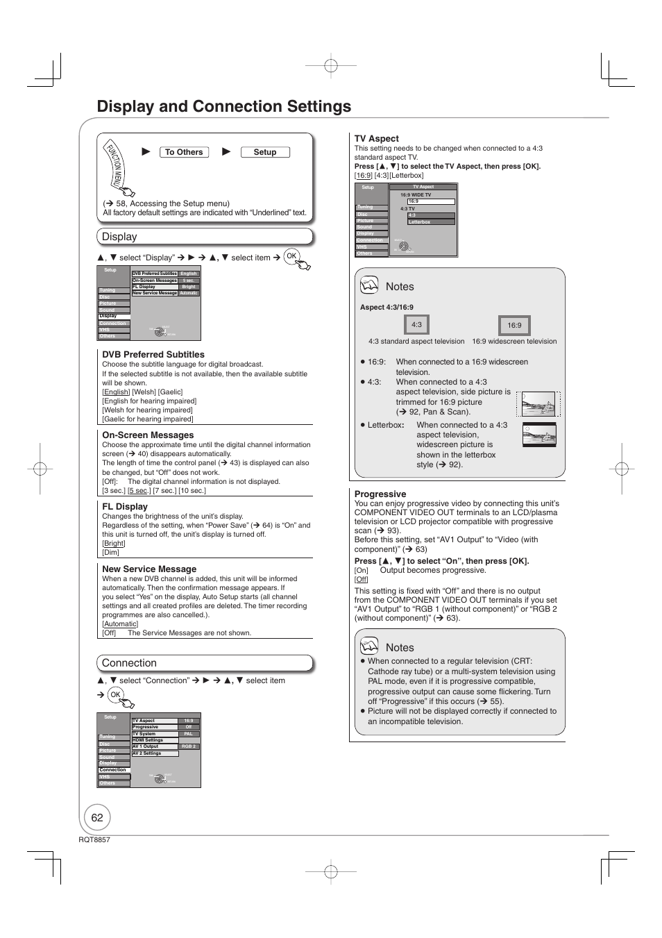 Display and connection settings, Display, Connection | Dvb preferred subtitles, On-screen messages, Fl display, New service message, Tv aspect, Progressive | Panasonic DMR-EZ47VEB User Manual | Page 62 / 96