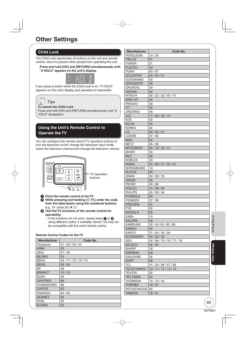 Other settings, Child lock, Tips | Using the unit’s remote control to operate the tv | Panasonic DMR-EZ47VEB User Manual | Page 65 / 96