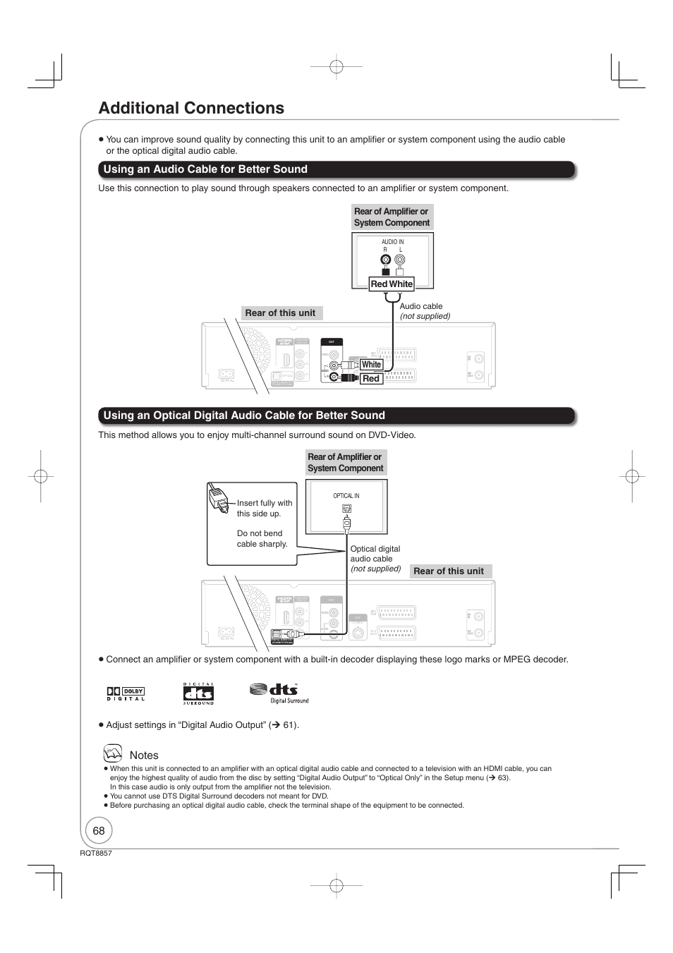 Additional connections, Using an audio cable for better sound, Optical digital audio cable (not supplied) | Audio cable (not supplied), Rqt8857, Optical in, Audio in r l | Panasonic DMR-EZ47VEB User Manual | Page 68 / 96