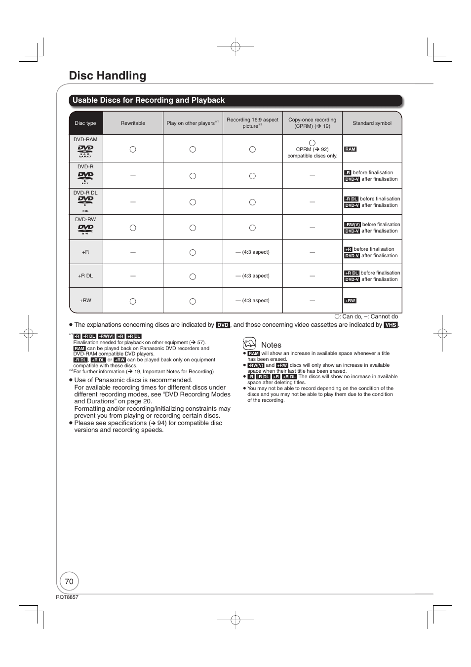 Disc handling | Panasonic DMR-EZ47VEB User Manual | Page 70 / 96