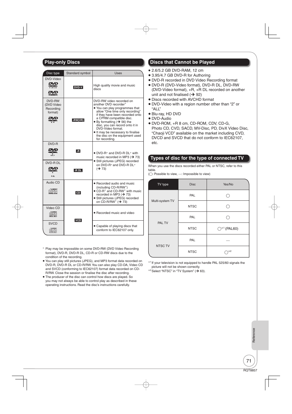 Play-only discs discs that cannot be played, Types of disc for the type of connected tv | Panasonic DMR-EZ47VEB User Manual | Page 71 / 96
