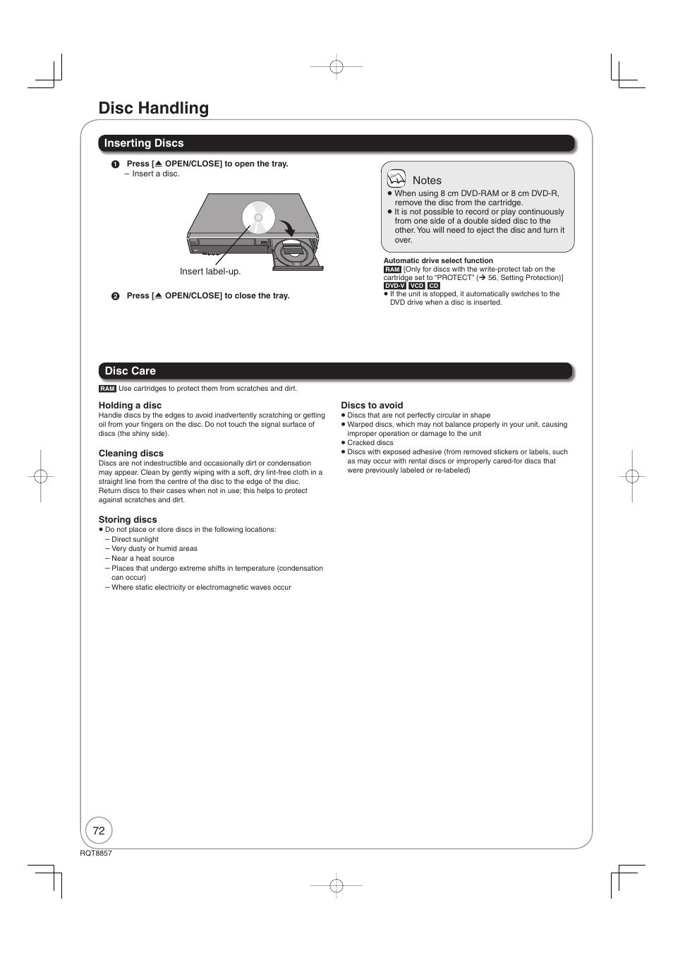 Disc handling, Disc care | Panasonic DMR-EZ47VEB User Manual | Page 72 / 96