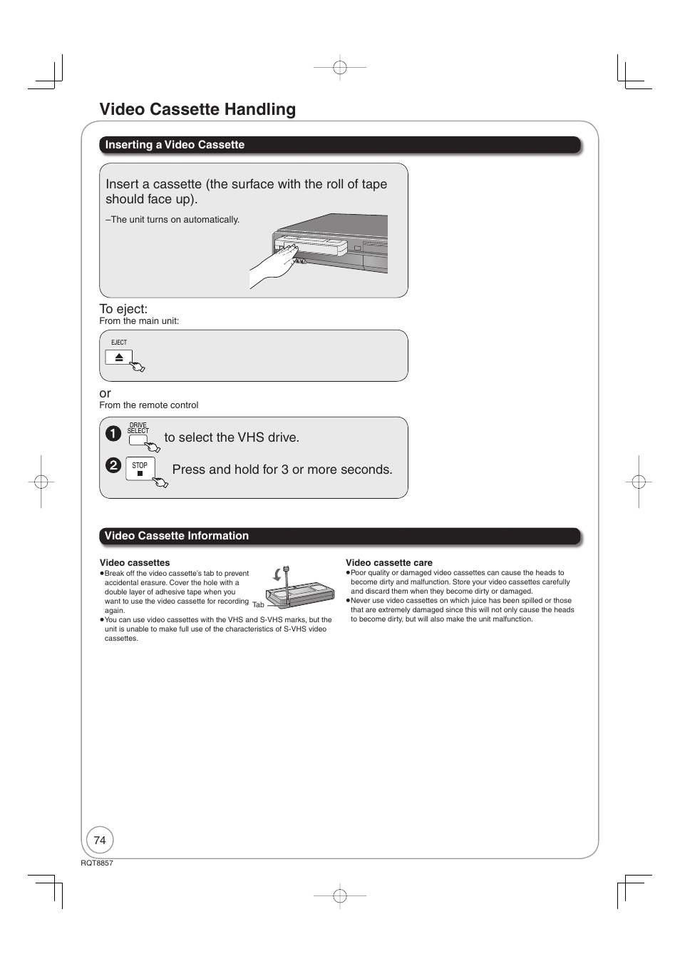 Video cassette handling, Press and hold for 3 or more seconds | Panasonic DMR-EZ47VEB User Manual | Page 74 / 96