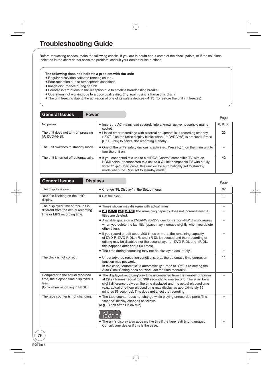 Troubleshooting guide, General issues power general issues displays | Panasonic DMR-EZ47VEB User Manual | Page 76 / 96