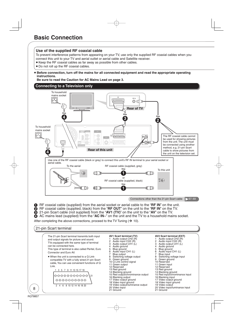 Basic connection, Connecting to a television only, Use of the supplied rf coaxial cable | Pin scart terminal, Rear of this unit rear of tv | Panasonic DMR-EZ47VEB User Manual | Page 8 / 96