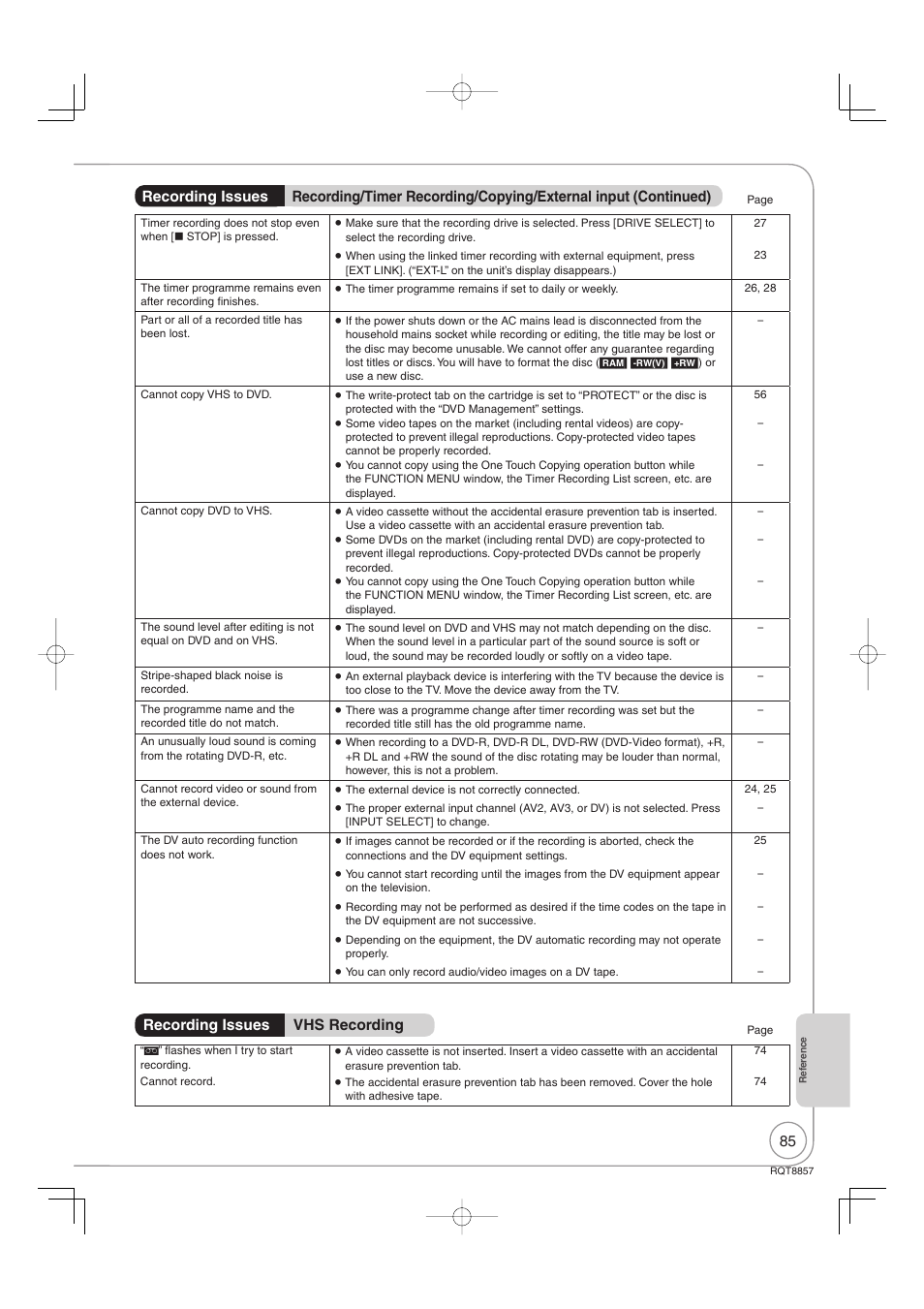 Recording issues vhs recording | Panasonic DMR-EZ47VEB User Manual | Page 85 / 96