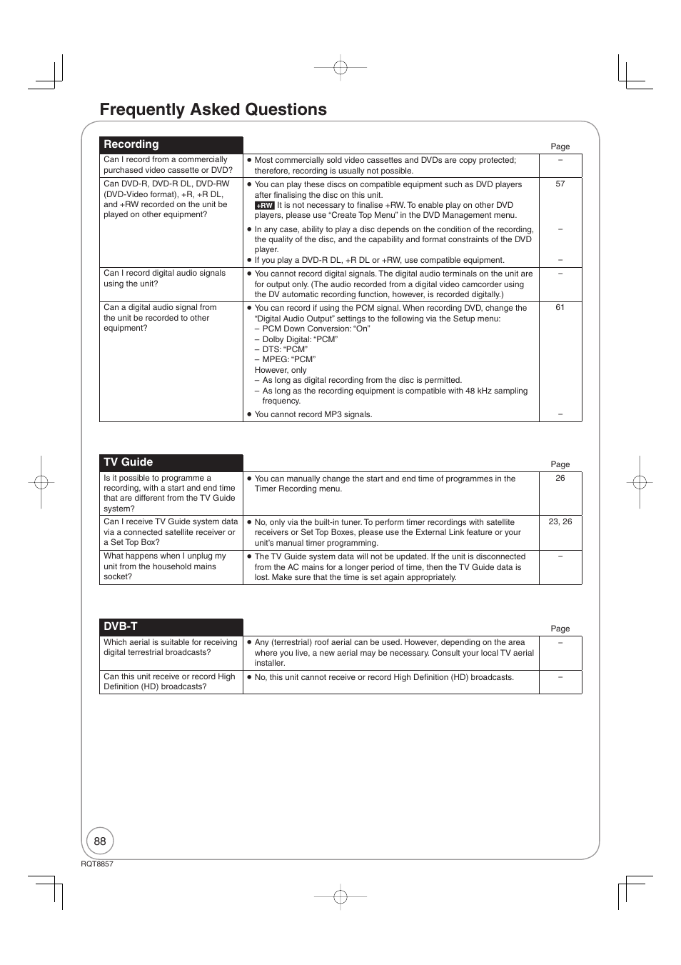 Frequently asked questions, Recording, Tv guide | Dvb-t | Panasonic DMR-EZ47VEB User Manual | Page 88 / 96