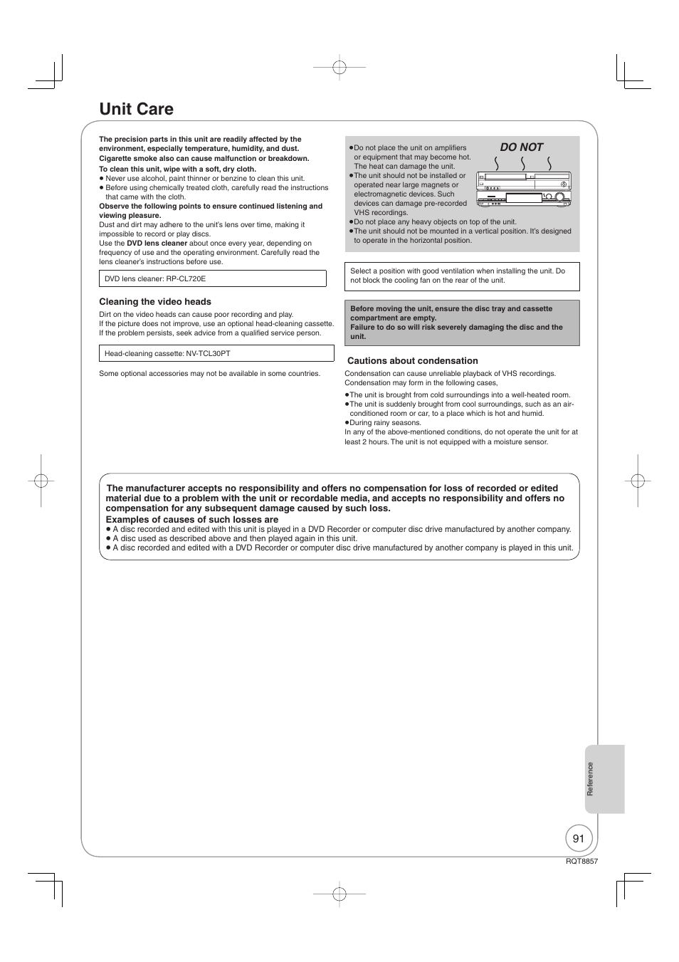 Unit care, Do not | Panasonic DMR-EZ47VEB User Manual | Page 91 / 96