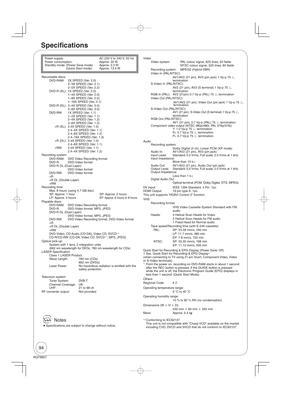 Specifi cations | Panasonic DMR-EZ47VEB User Manual | Page 94 / 96