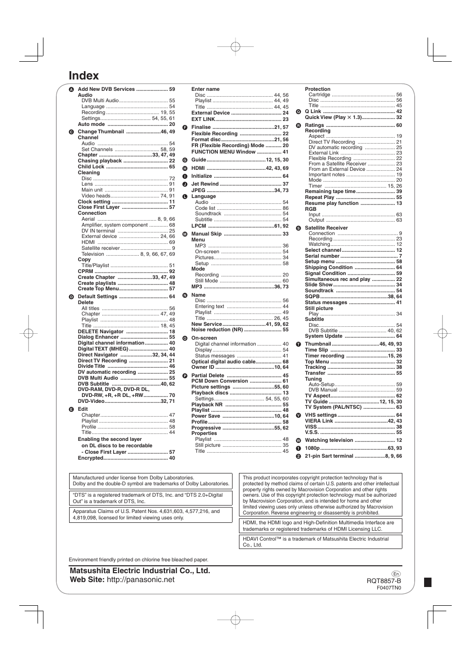 Index | Panasonic DMR-EZ47VEB User Manual | Page 96 / 96