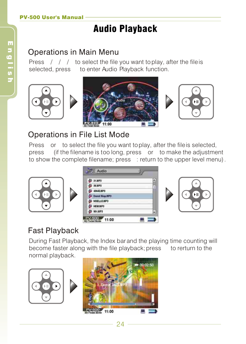 Audio playback | Panasonic PV-500 User Manual | Page 24 / 38