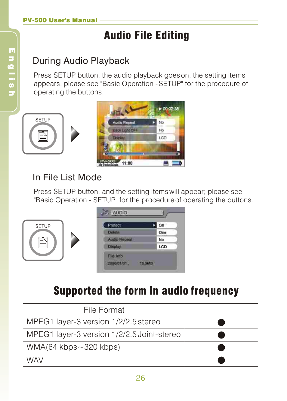 Audio file editing, Supported the form in audio frequency | Panasonic PV-500 User Manual | Page 26 / 38