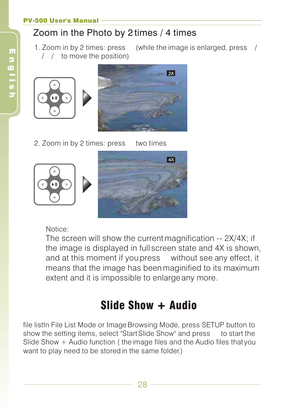 Slide show + audio, Zoom in the photo by 2 times / 4 times | Panasonic PV-500 User Manual | Page 28 / 38