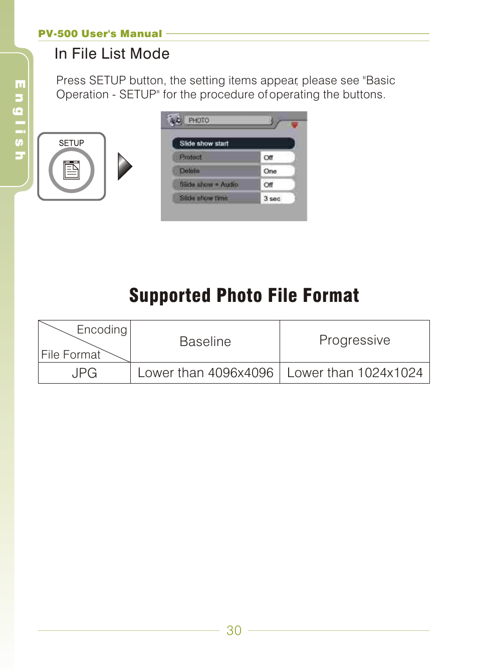 Supported photo file format | Panasonic PV-500 User Manual | Page 30 / 38