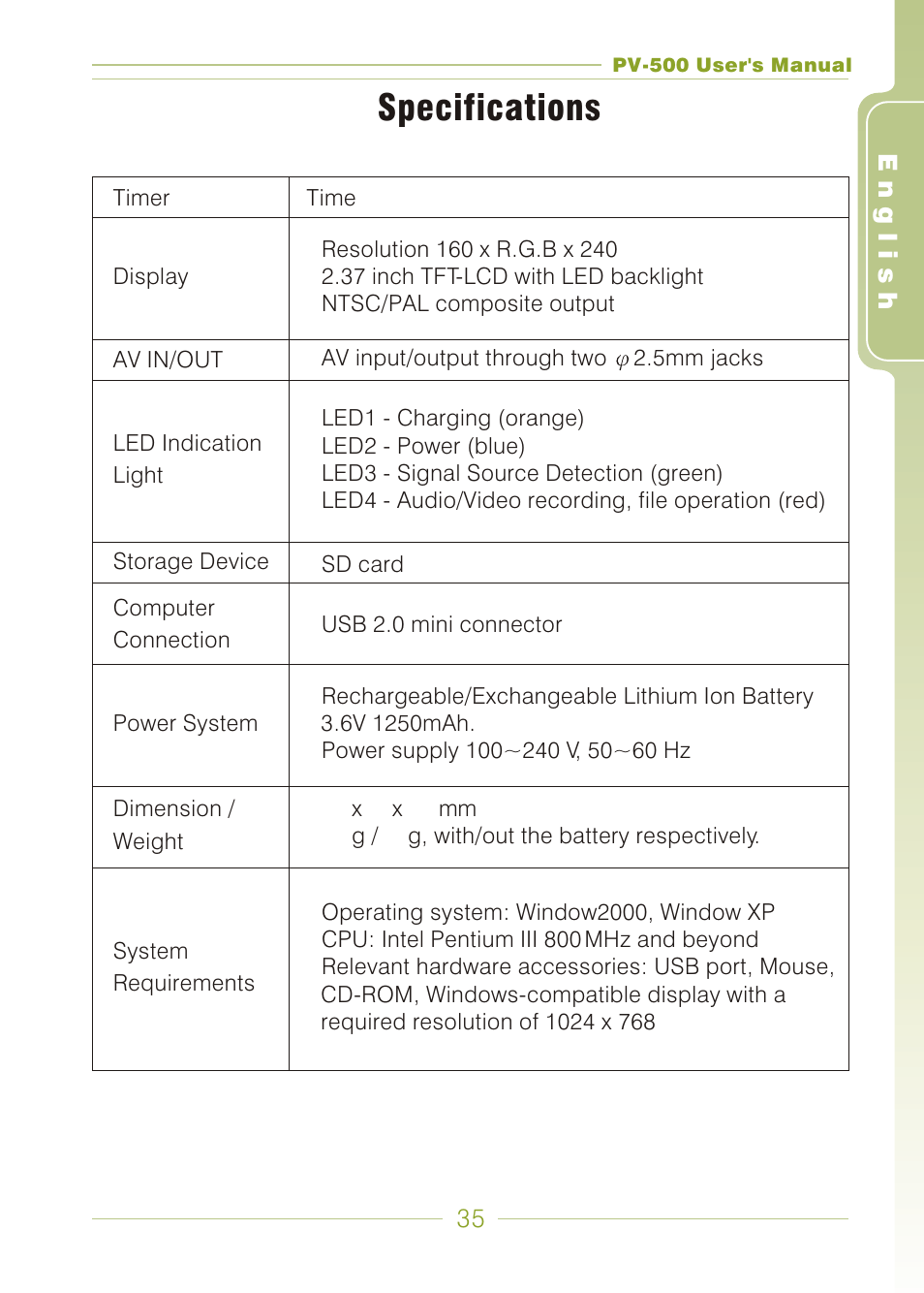 Specifications | Panasonic PV-500 User Manual | Page 35 / 38