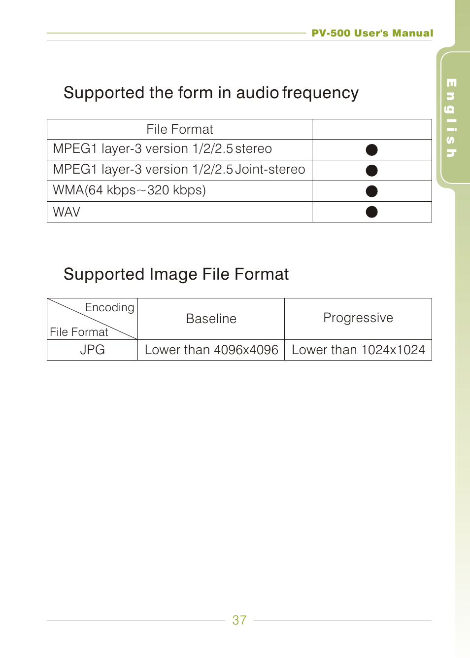 Supported the form in audio frequency, Supported image file format | Panasonic PV-500 User Manual | Page 37 / 38