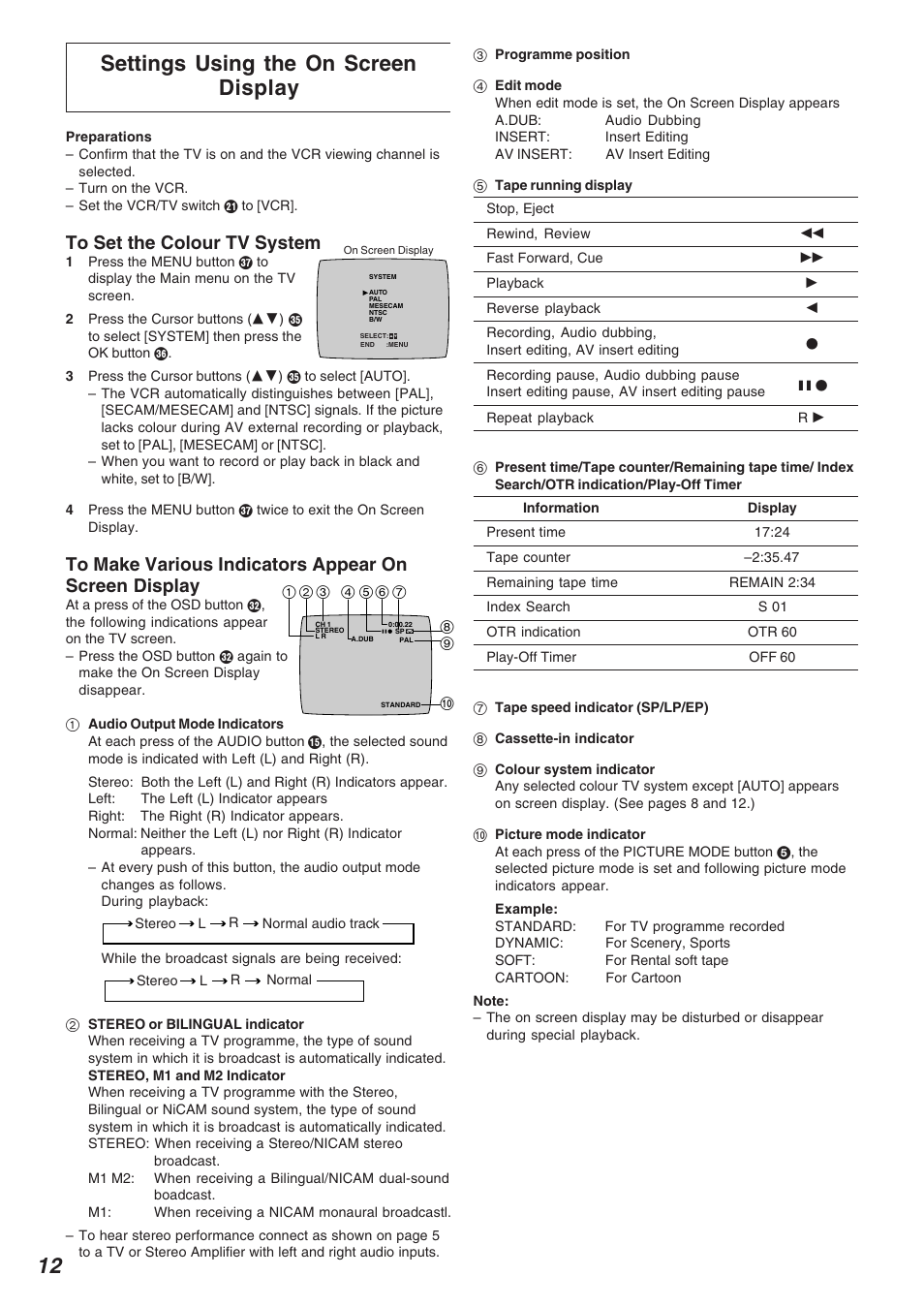 Settings using the on screen display | Panasonic NV-FJ720 User Manual | Page 12 / 32