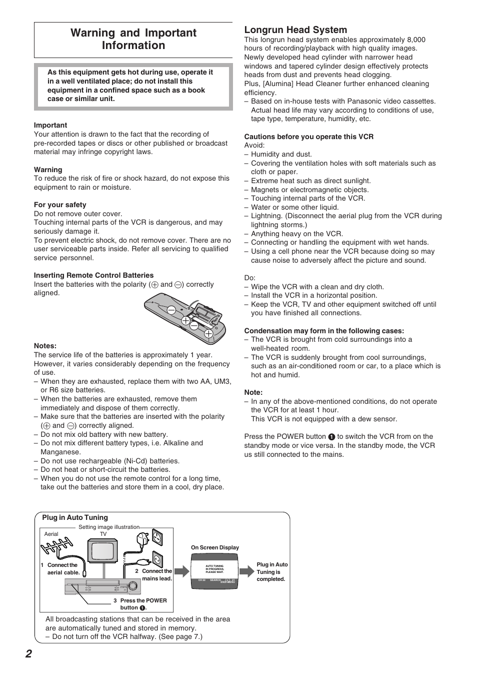 Warning and important information, Longrun head system | Panasonic NV-FJ720 User Manual | Page 2 / 32