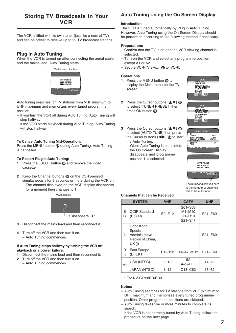 Storing tv broadcasts in your vcr, Plug in auto tuning, Auto tuning using the on screen display | Panasonic NV-FJ720 User Manual | Page 7 / 32