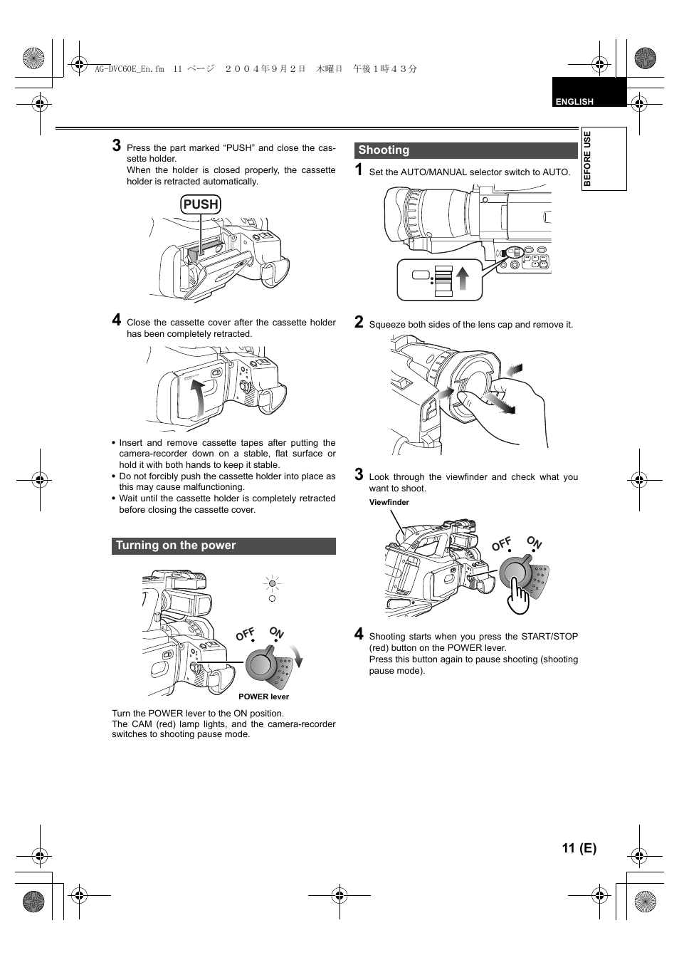 Turning on the power, Shooting, 11 (e) | Mrpe | Panasonic AG-DVC60 E User Manual | Page 11 / 82