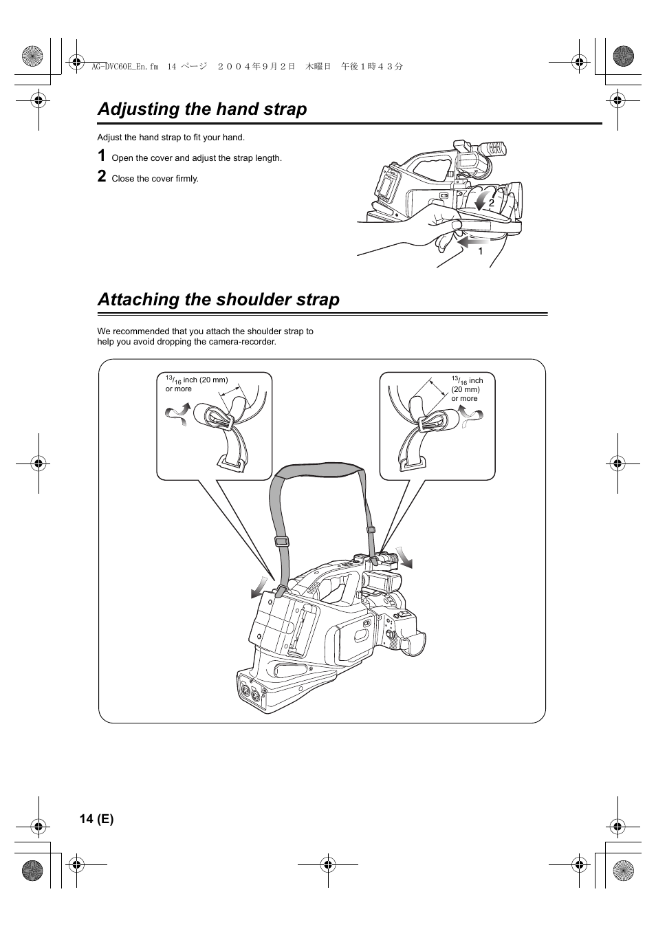 Adjusting the hand strap, Attaching the shoulder strap, 14 (e) | Panasonic AG-DVC60 E User Manual | Page 14 / 82