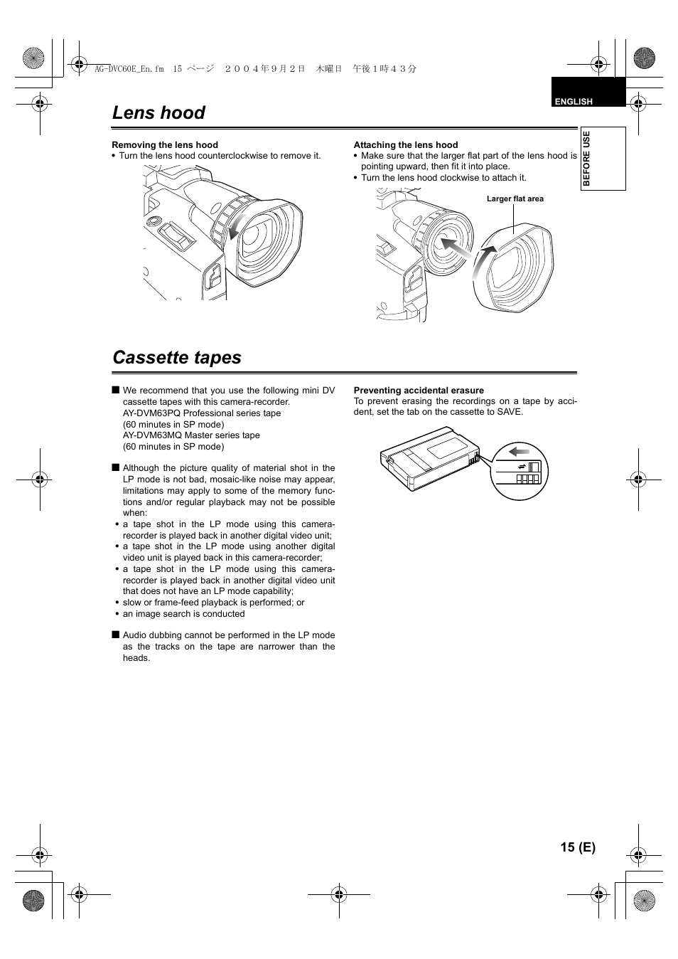 Lens hood, Cassette tapes, 15 (e) | Panasonic AG-DVC60 E User Manual | Page 15 / 82