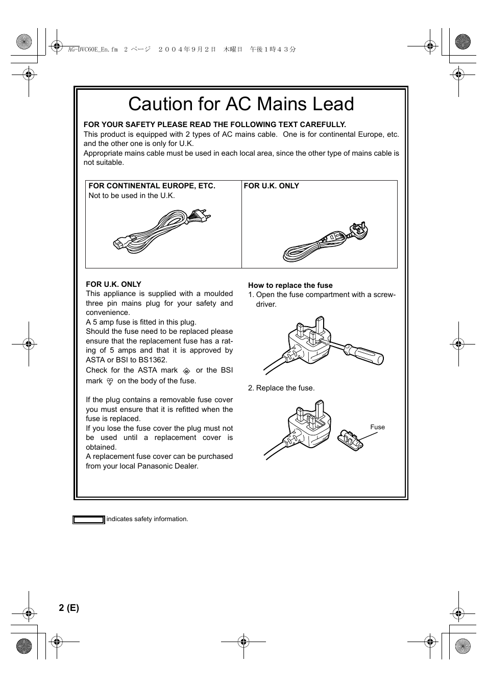 Caution for ac mains lead | Panasonic AG-DVC60 E User Manual | Page 2 / 82