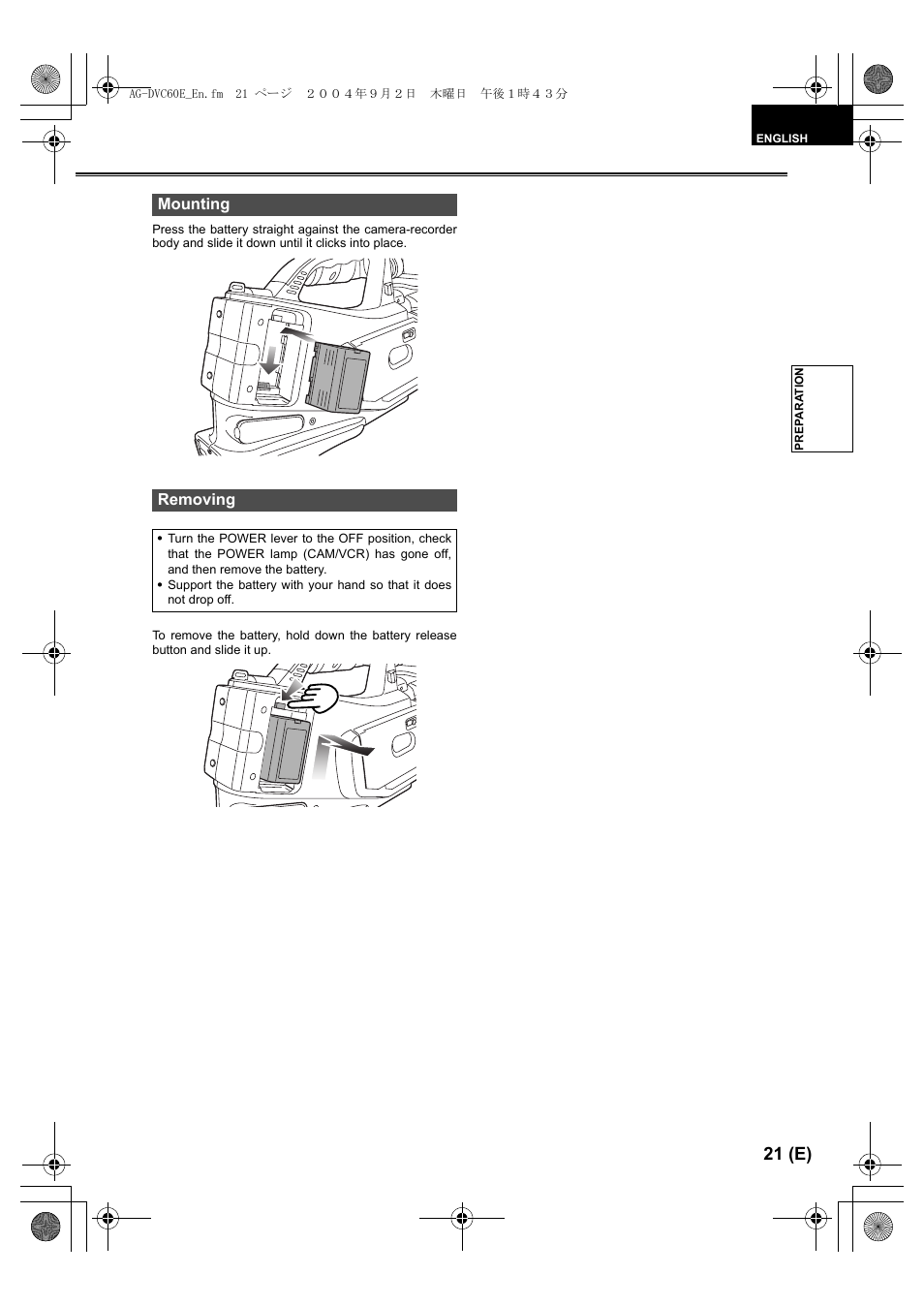 Mounting, Removing, P21) | 21 (e), Mounting removing | Panasonic AG-DVC60 E User Manual | Page 21 / 82