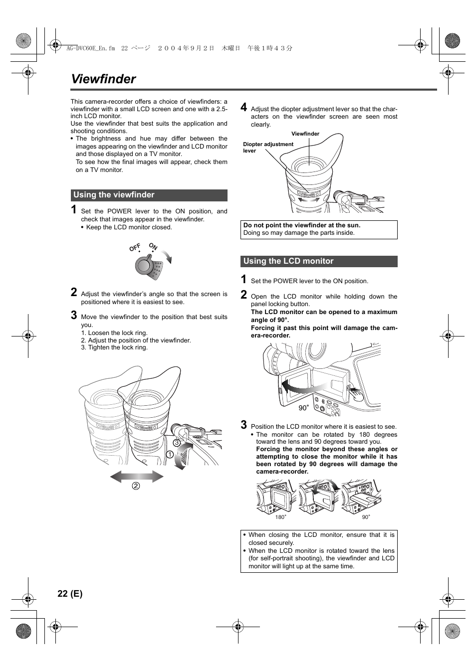 Viewfinder, Using the viewfinder, Using the lcd monitor | P22), 22 (e) | Panasonic AG-DVC60 E User Manual | Page 22 / 82