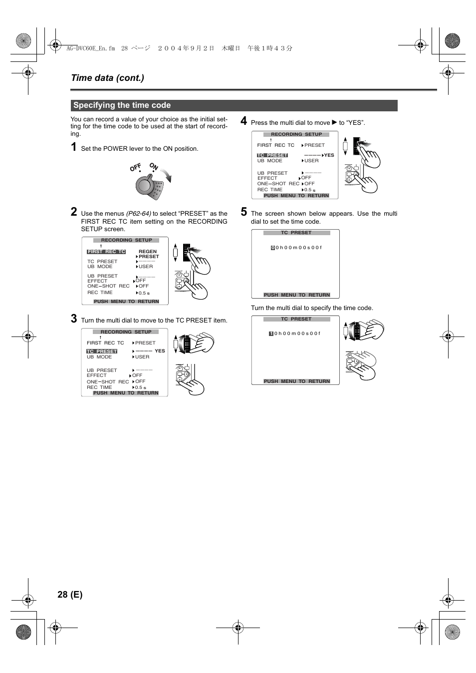 Specifying the time code, 28 (e) time data (cont.) | Panasonic AG-DVC60 E User Manual | Page 28 / 82