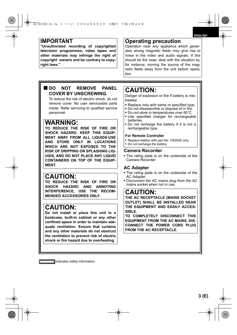 Warning, Caution, Important | Operating precaution | Panasonic AG-DVC60 E User Manual | Page 3 / 82