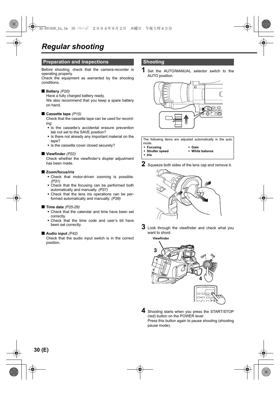 Regular shooting, Preparation and inspections, Shooting | P30), 30 (e), Preparation and inspections shooting | Panasonic AG-DVC60 E User Manual | Page 30 / 82