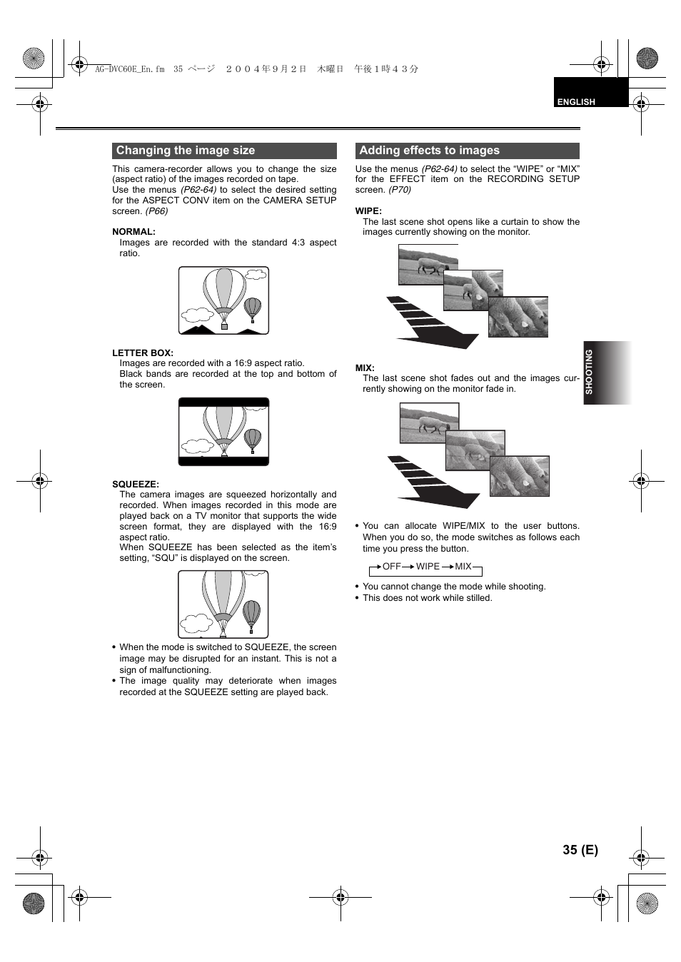 Changing the image size, Adding effects to images, 35 (e) | Changing the image size adding effects to images | Panasonic AG-DVC60 E User Manual | Page 35 / 82