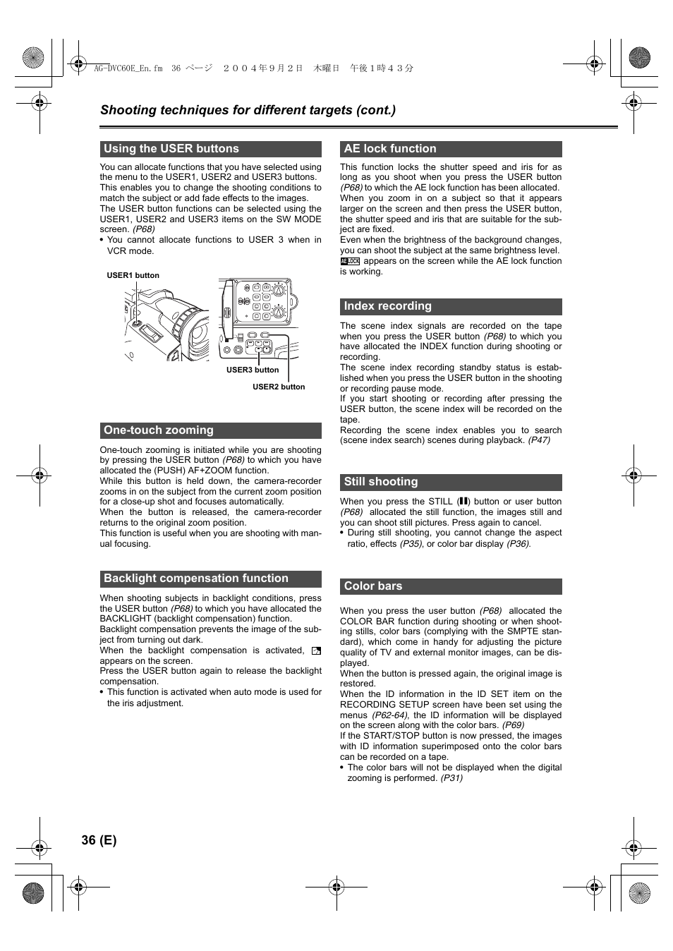 Using the user buttons, One-touch zooming, Backlight compensation function | Ae lock function, Index recording, Still shooting, Color bars, P36, 46 | Panasonic AG-DVC60 E User Manual | Page 36 / 82