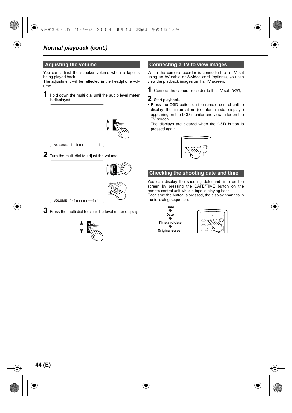 Adjusting the volume, Connecting a tv to view images, Checking the shooting date and time | P44), 44 (e) normal playback (cont.) | Panasonic AG-DVC60 E User Manual | Page 44 / 82