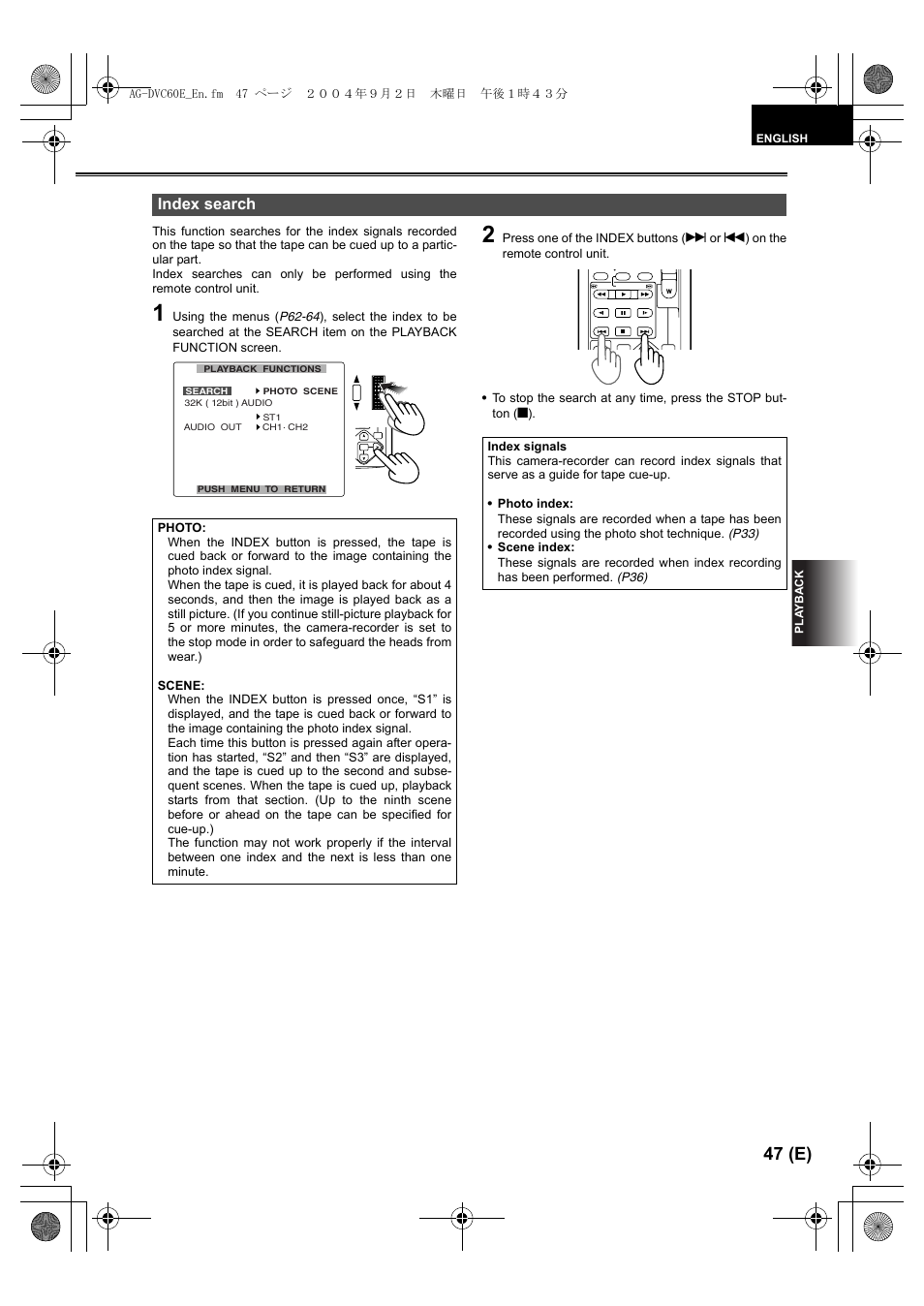 Index search, P47), 47 (e) | Panasonic AG-DVC60 E User Manual | Page 47 / 82