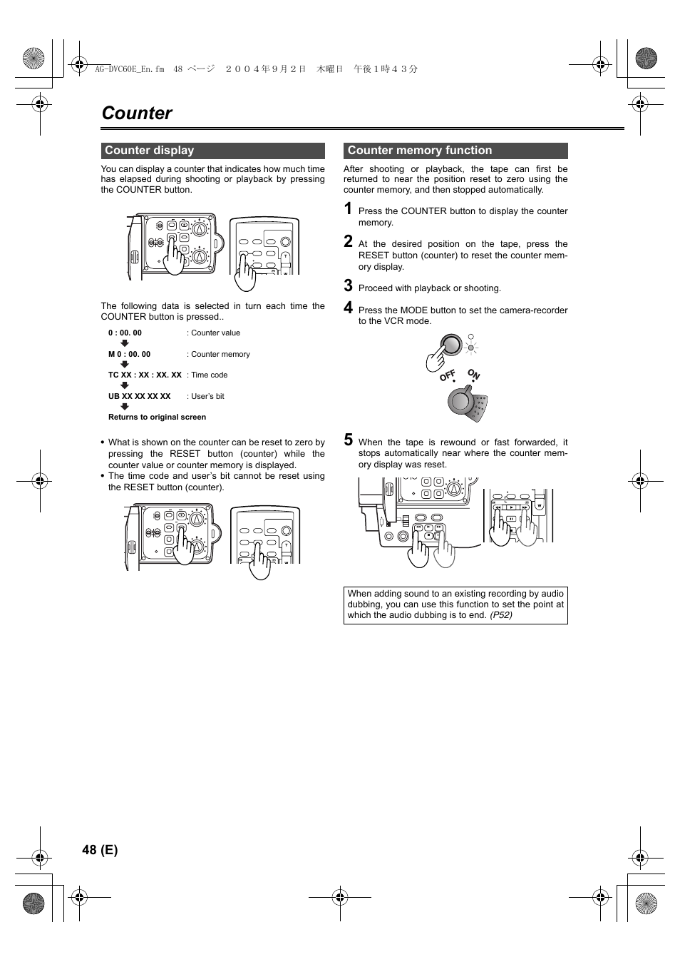 Counter, Counter display, Counter memory function | P48), 48 (e), Proceed with playback or shooting, Ag-dvc60e_en.fm 48 ページ ２００４年９月２日 木曜日 午後１時４３分, Lcc lk lcc lk cam vcr | Panasonic AG-DVC60 E User Manual | Page 48 / 82