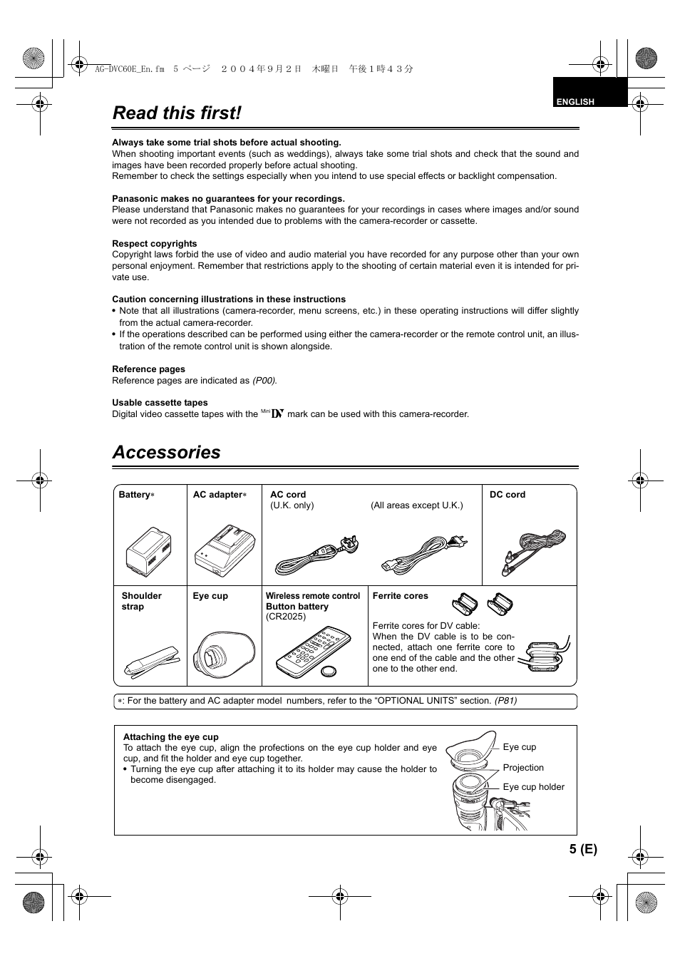 Read this first, Accessories, 5 (e) | Panasonic AG-DVC60 E User Manual | Page 5 / 82