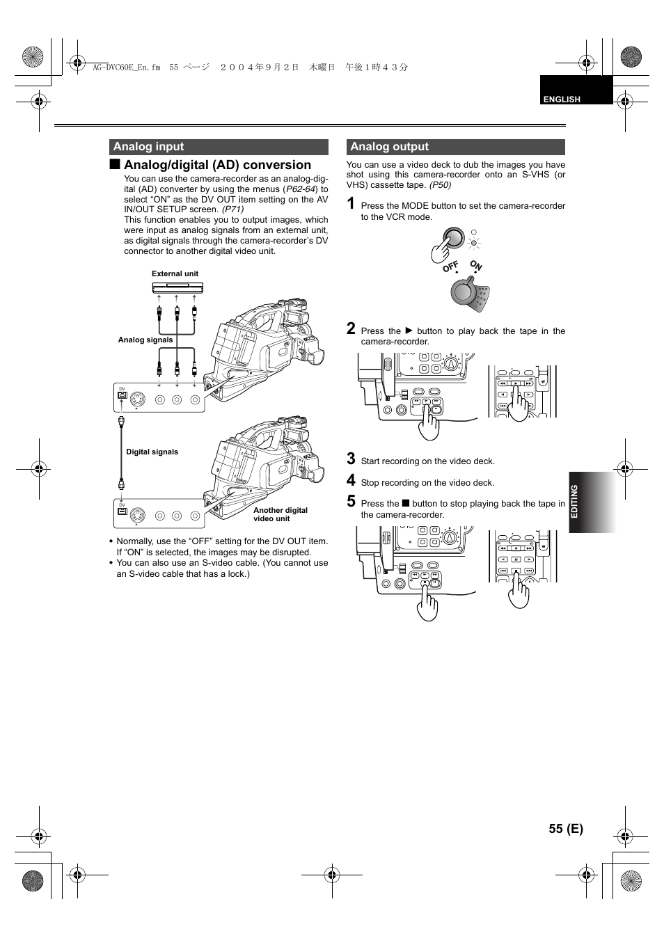 Analog input, Analog output, 55 (e) | G analog/digital (ad) conversion, Start recording on the video deck, Stop recording on the video deck, Ag-dvc60e_en.fm 55 ページ ２００４年９月２日 木曜日 午後１時４３分, Editing english, Lcc lk lcc lk cam vcr | Panasonic AG-DVC60 E User Manual | Page 55 / 82