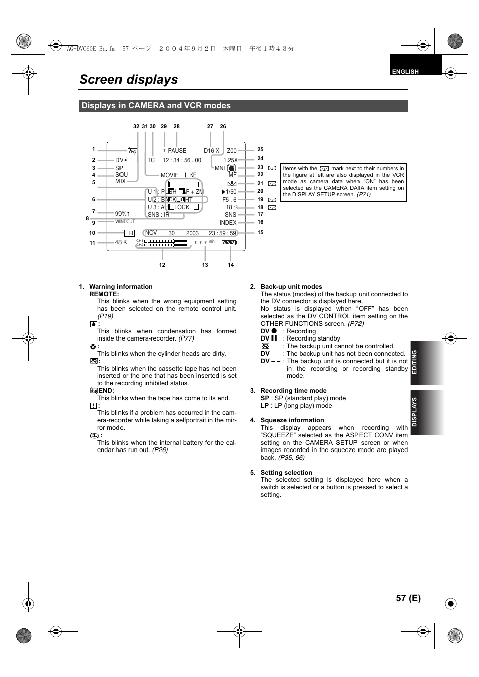 Screen displays, Displays in camera and vcr modes, 57 (e) | Panasonic AG-DVC60 E User Manual | Page 57 / 82