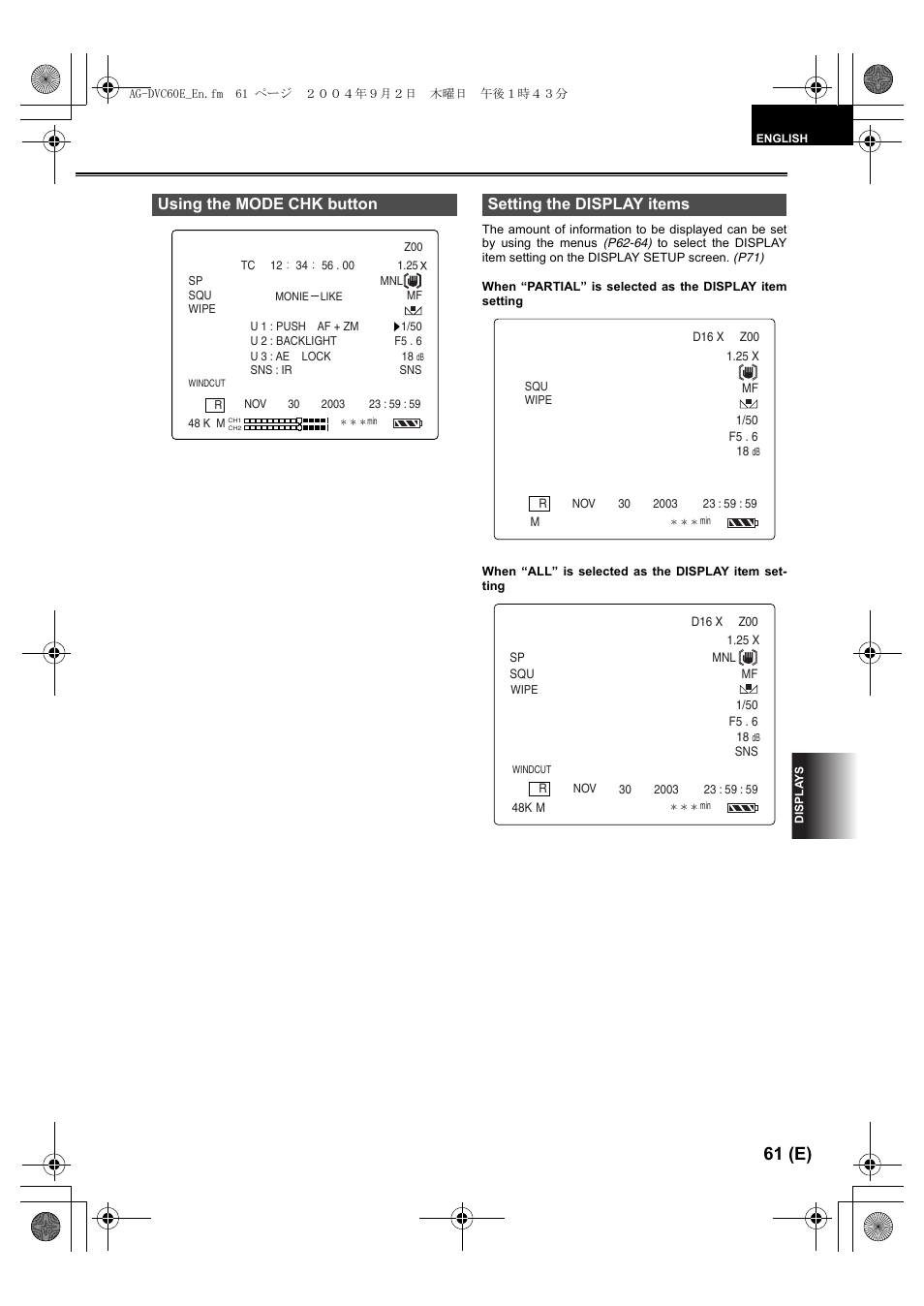 Using the mode chk button, Setting the display items, 61 (e) | Panasonic AG-DVC60 E User Manual | Page 61 / 82