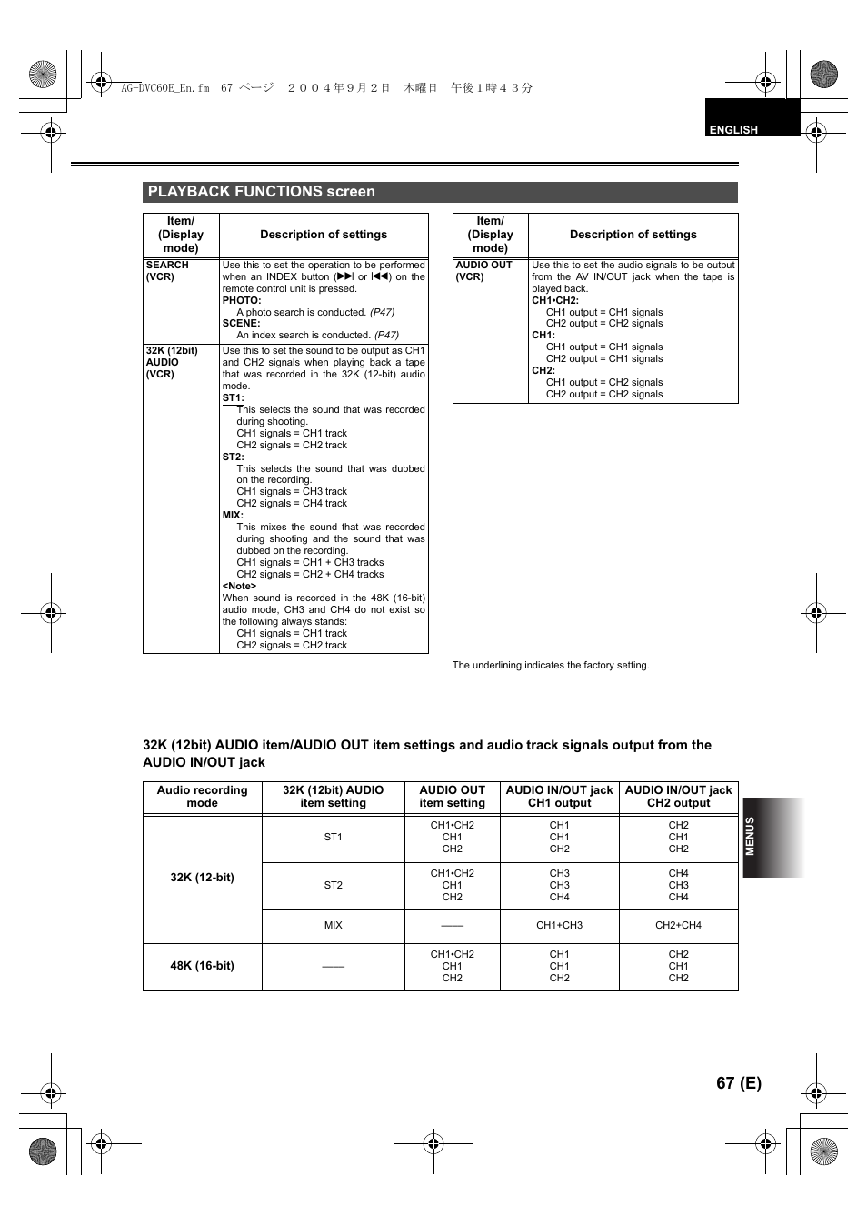 Playback functions screen, P67), 67 (e) | Panasonic AG-DVC60 E User Manual | Page 67 / 82