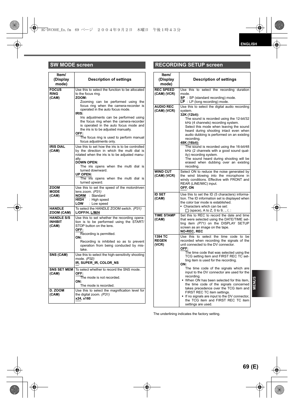Sw mode screen, Recording setup screen, P69) | P69 ), 69 (e) | Panasonic AG-DVC60 E User Manual | Page 69 / 82