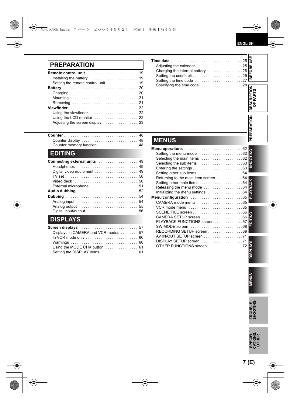 Preparation editing displays menus, 7 (e) | Panasonic AG-DVC60 E User Manual | Page 7 / 82