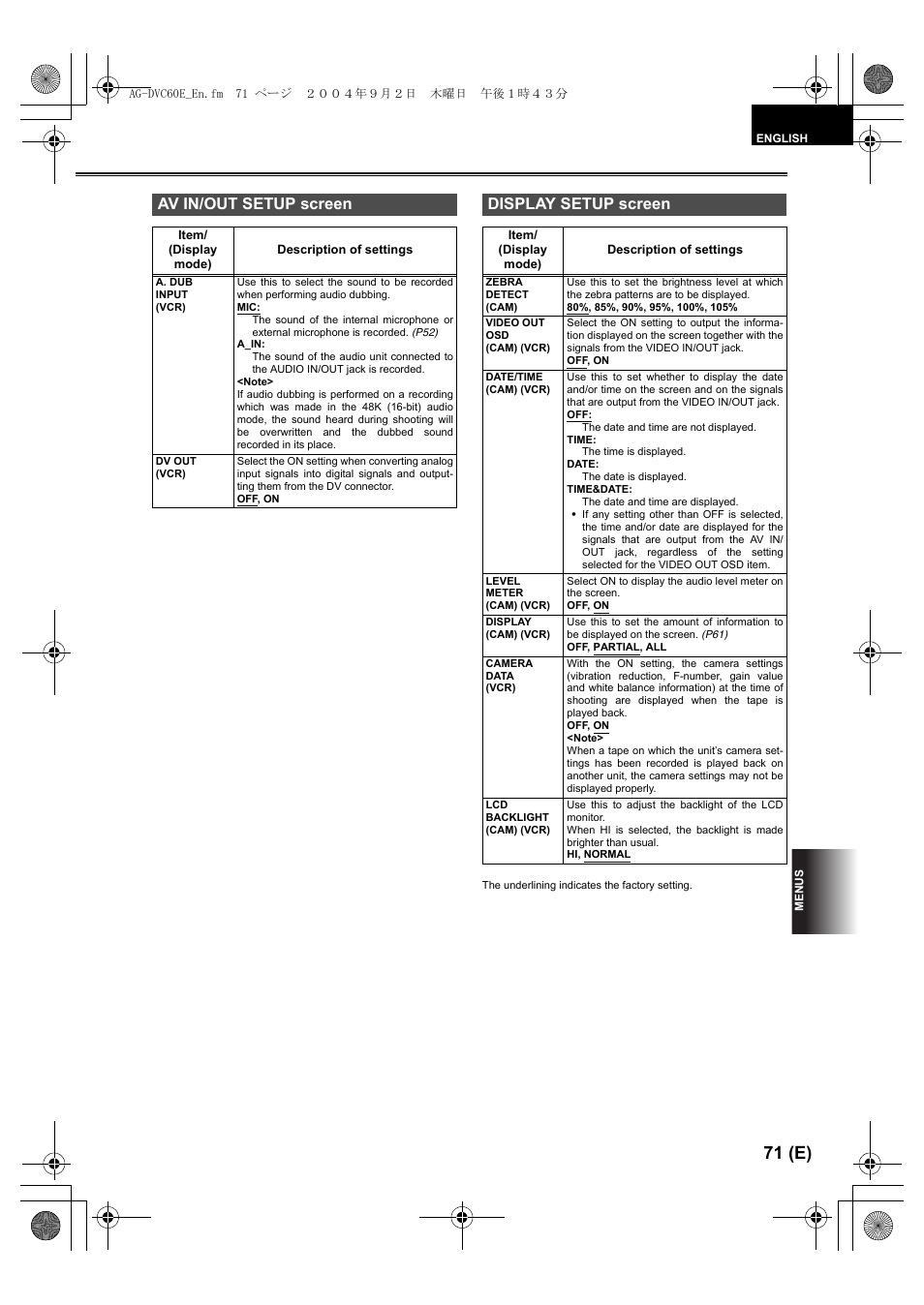Av in/out setup screen, Display setup screen, P71) | 71 (e) | Panasonic AG-DVC60 E User Manual | Page 71 / 82