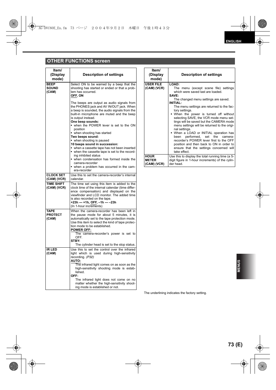 Other functions screen, P73), 73 (e) | Panasonic AG-DVC60 E User Manual | Page 73 / 82