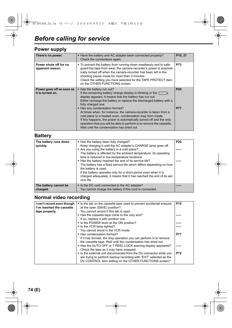 Before calling for service, Power supply, Battery | Normal video recording, Power supply battery normal video recording, 74 (e) | Panasonic AG-DVC60 E User Manual | Page 74 / 82